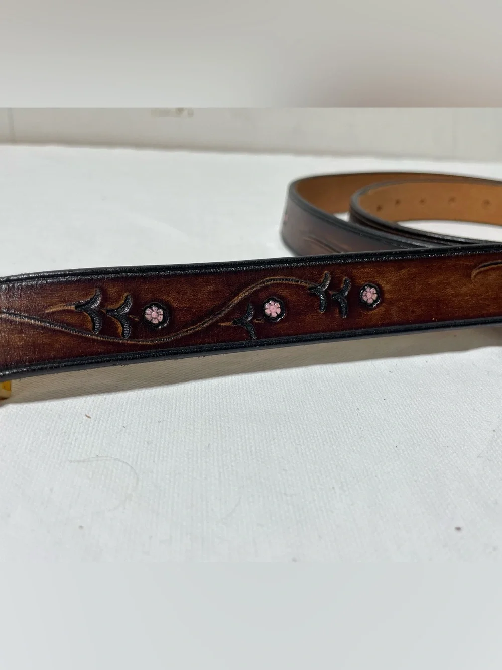 Tooled Leather Belt 42 Brown Pink Floral Horseshoe Buckle Western Boho Italy